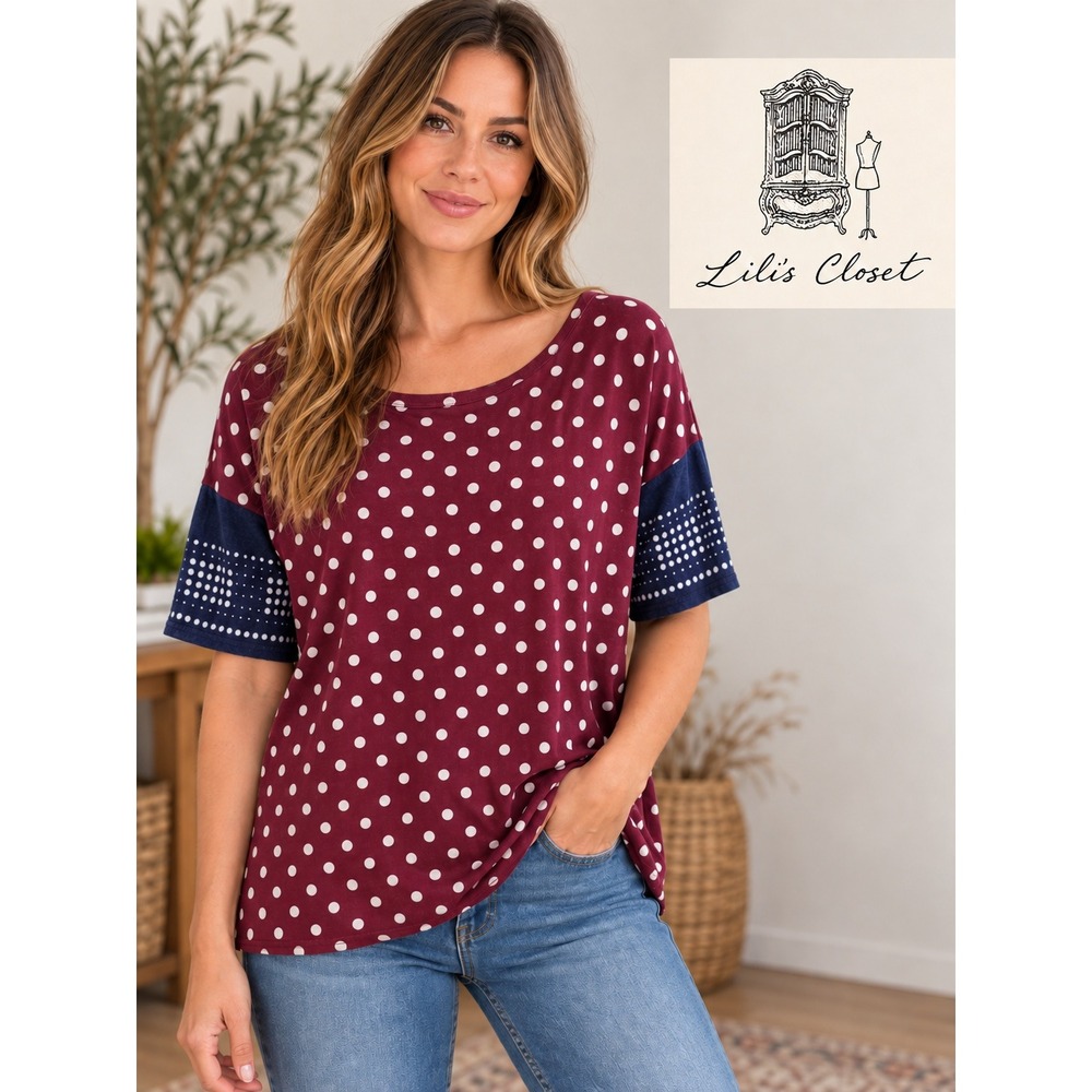 Lili's Closet Anthropologie Burgundy Polka Dot Top Blue Sleeve Size Medium
